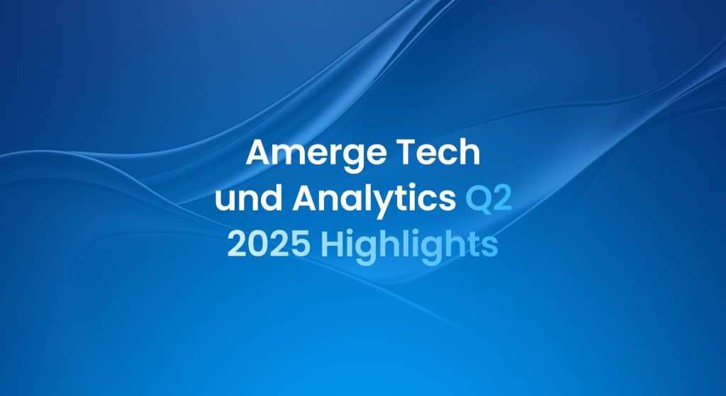 Blaues Titelbild mit Farbverlauf und der Überschrift „Q4 Tech und Analytical Highlights“ (Technologische und analytische Highlights des vierten Quartals), das die Marketingtechnologie von Amazon und datengestützte Erkenntnisse von Amerge präsentiert.