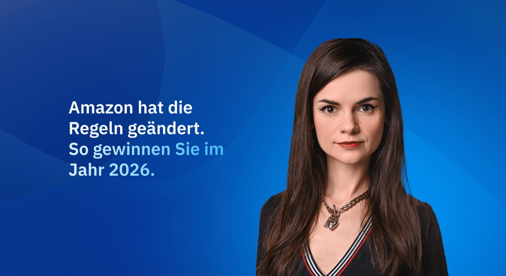 Marketingexperte von Amerge vor blauem Hintergrund mit einer Überschrift über Änderungen der Amazon-Regeln und Rufus AI, in der erklärt wird, wie Marken ihre Amazon-Listings für 2026 optimieren können.
